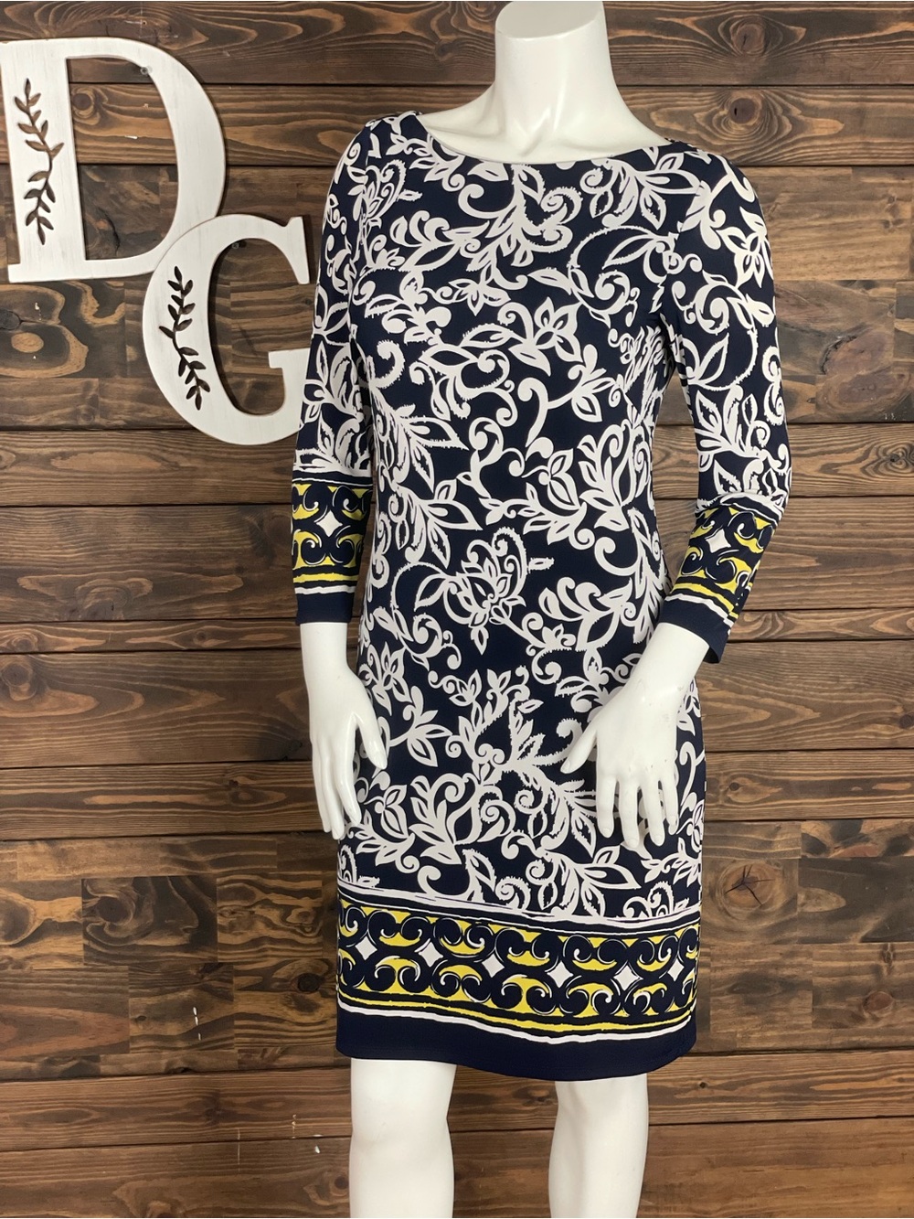 Chaps | Navy & White Floral-Print Shift Dress with Yellow Trim Stretchy